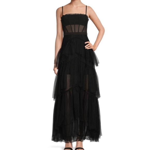 Betsy & Adam Illusion Tiered Ruffle Tulle Square Neck Corset Mesh Gown 2 0990 - Picture 2 of 9